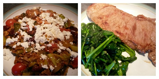 picture of two meals: chili and feta cheese, and sirloin steak and spinach