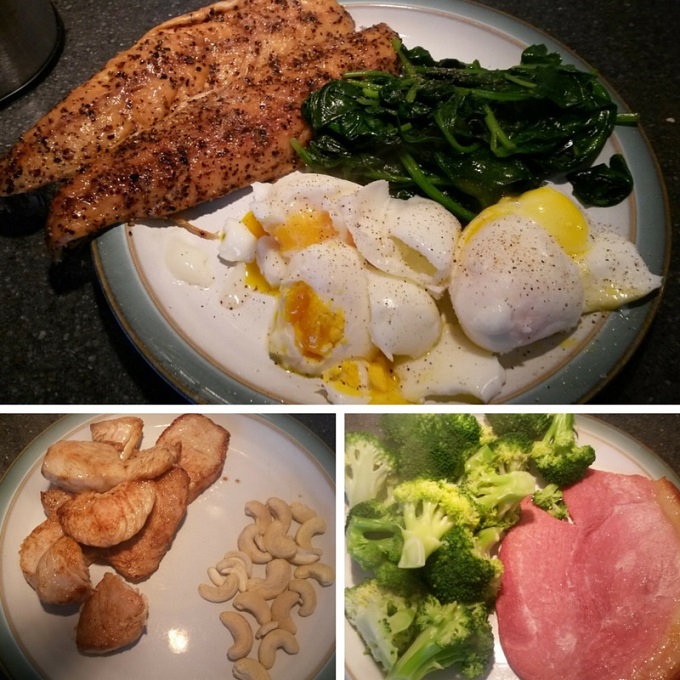 turkey and cashew nuts, mackerel, eggs and spinach, and gamon and broccoli