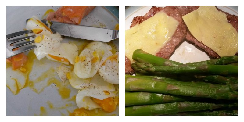 photo of salmon and egg and sirloin steak with cheese and asparagus